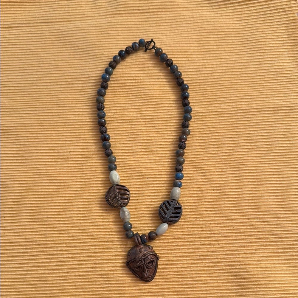 Blue and Brown Necklace with Ethnic Pendants